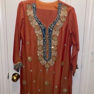 Pakistani dress, Size M. Color burnt orange and dark green combo.